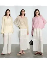 立体褶皺デザインのパンツ【調節可能なサイドリボン付き】（セットアップ対応）