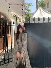 フリル襟のパフスリーブチェックワンピース【春用・感・スリム効果】