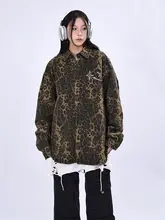 OV 春季用 ヴィンテージ風レオパード柄 ウォッシュドデニムジャケット【ユニセックス・ルーズフィット・カジュアル】