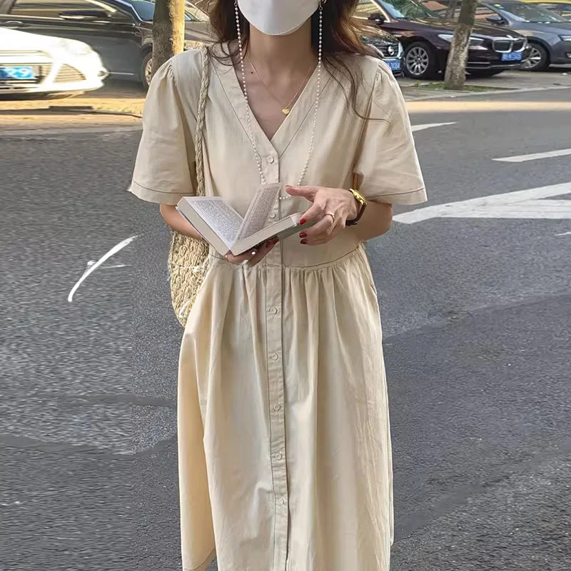 中長丈ドレス 夏 夏の フランス風 エレガント Vネック ボタン付き 明線デザイン ゆったり ショートスリーブ