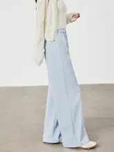 小柄さん向け ハイウエスト薄青ストレートパンツ【極上の柔らかさ・ワイドレッグ・フィット】（セットアップ対応）