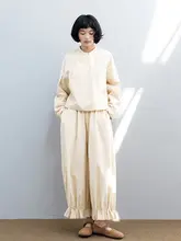 コットン細条絨の春用フリル付きロングパンツ【ウエストゴム】
