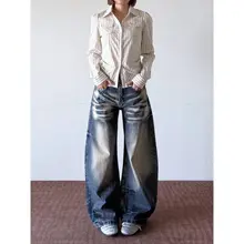 美式レトロデザインのウォッシュブルーデニムパンツ【クリンフィット・マイクロフレア・ユニセックス】（セットアップ対応）