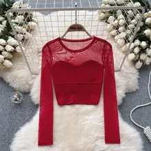 デザイン性の高い長袖レディースTシャツ【秋用・ネット生地・ショート丈・おしゃれな雰囲気】