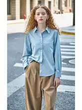 春夏用 抗皺 長袖 ブルーのルーズフィットシャツ【女性用・フレンチスタイル・重ね着可能】