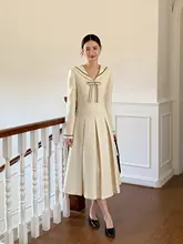 ネイビー襟のショールカラードレス【ストライプニット・女性用・秋冬向け・スリムデザイン】（セットアップ対応）