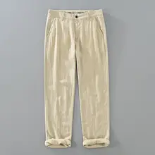 夏用 リネン混紡カジュアルパンツ【薄手・ストレート・無地・クラシックデザイン】（セットアップ対応）