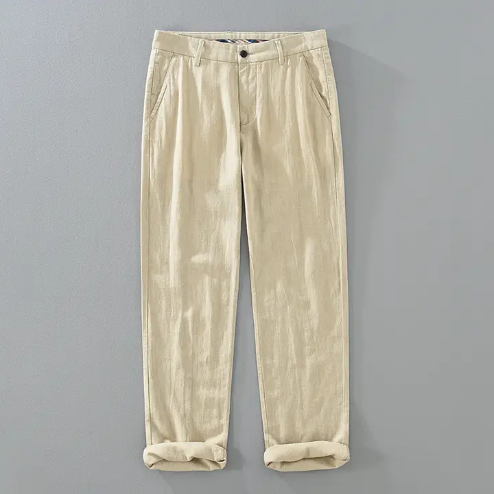 夏用 リネン混紡カジュアルパンツ【薄手・ストレート・無地・クラシックデザイン】（セットアップ対応）