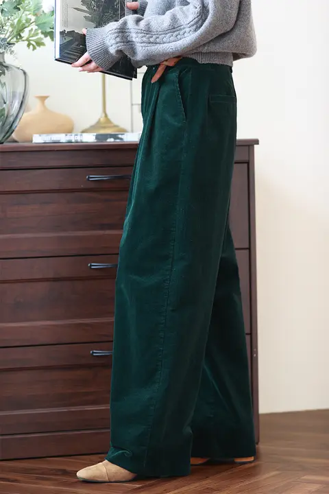 高腰ワイドストレートパンツ【レトロ色・コーデュロイ・フィット・冬用】（セットアップ対応）