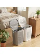 大型プラスチック製ふた付きランドリーバスケット【キャスター付き・便利な収納用】
