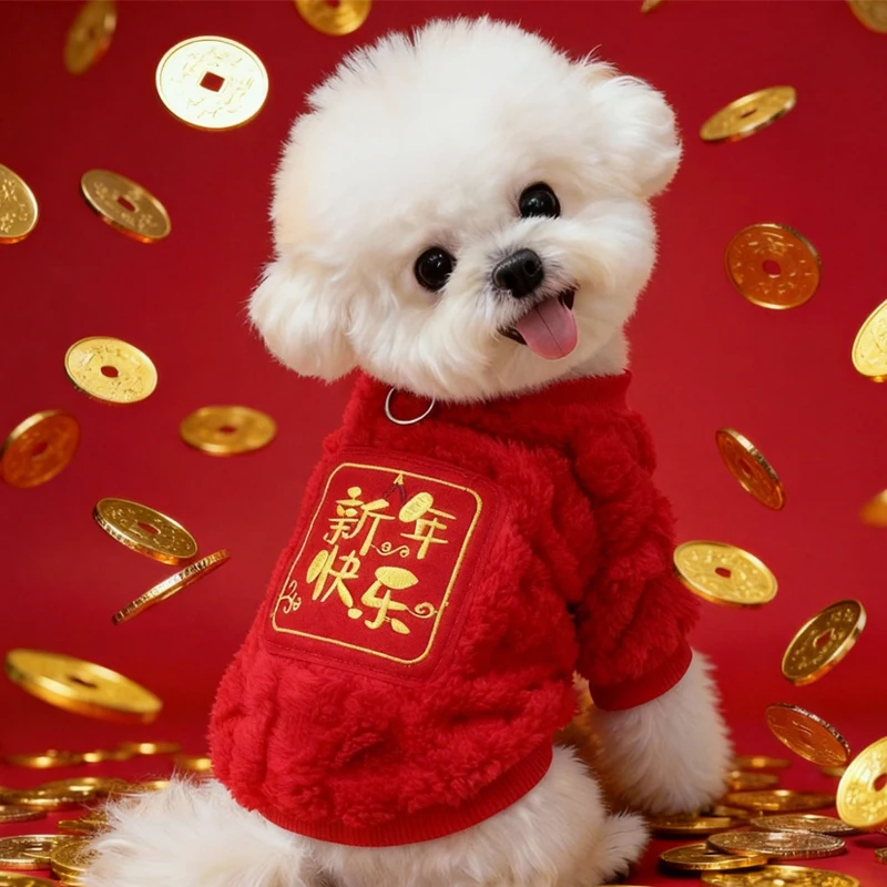 冬用犬用赤色祝い衣装：新年シーズンに最適な保温フリースジャケット
