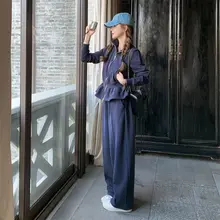 深青色カジュアルスウェットシャツ【秋春・アカデミックスタイル・二点】
（セットアップ対応）
