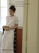 Corange 夏用昭和スタイルセット 【レース切り 替え・ショートバルーンスリーブ・ホワイトシャツ／タック入りミディスカート】