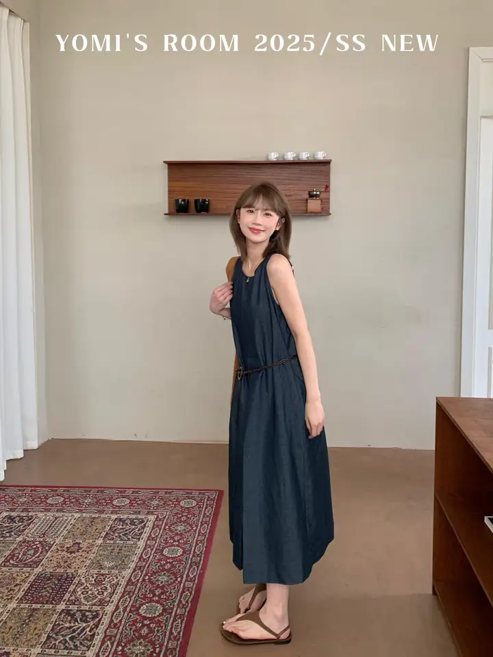 ニューヨーク風デザインのノースリーブワンピース【仿牛仔・Uネック・ルーズフィット】