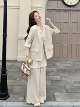 優雅な印象！薄手のジャケットとレーストップス、フィットのワイドパンツの三点セット（ セットアップ対応）