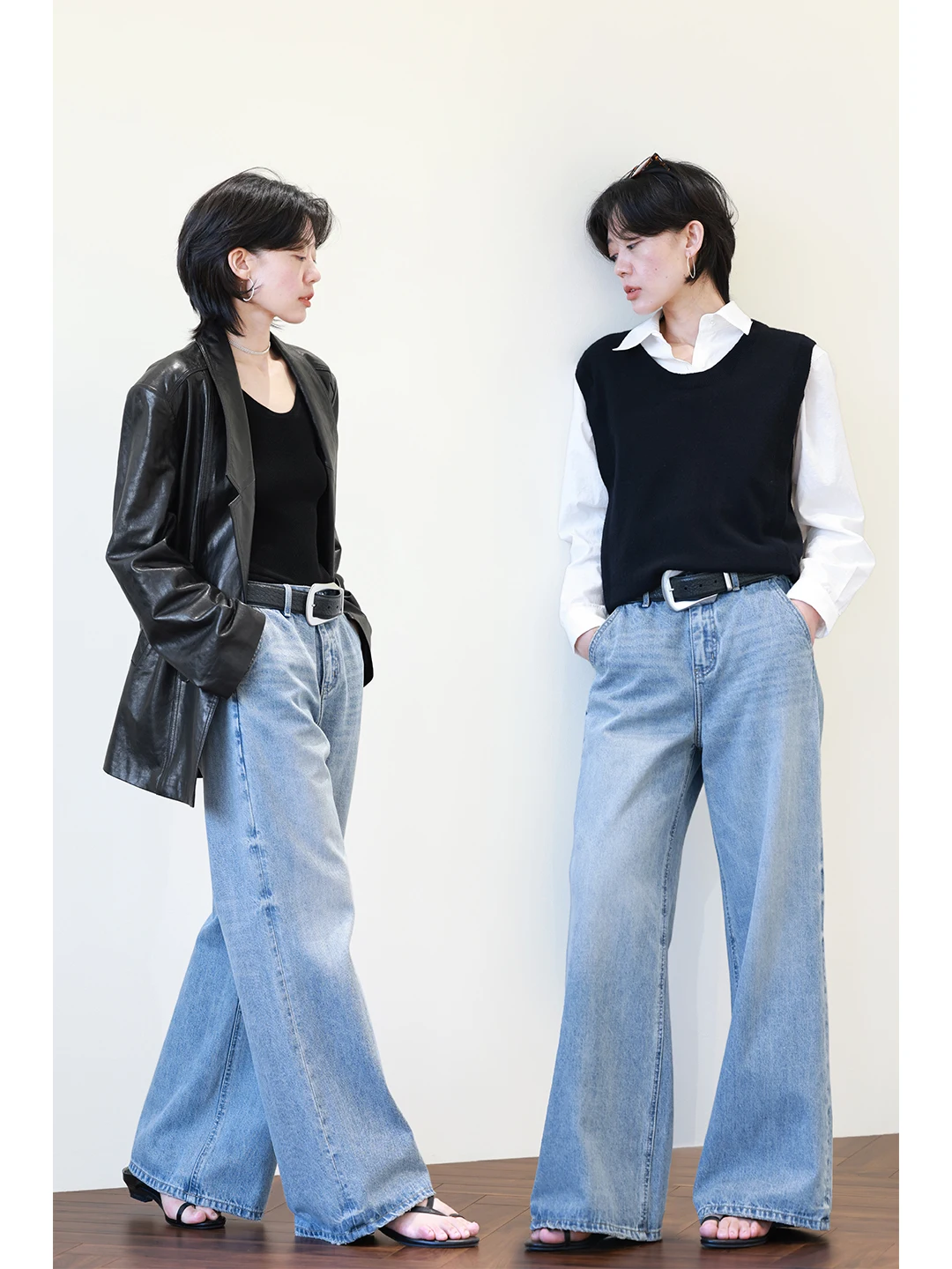 浅青色デニムストレートパンツのサイズチャート：梨形体型に最適なフィット感を実現