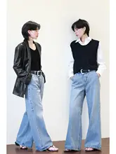 梨形体型に最適！ウォッシュコットン使用の浅青色デニムストレートパンツ【フィット・ワイドレッグ】（セットアップ対応）