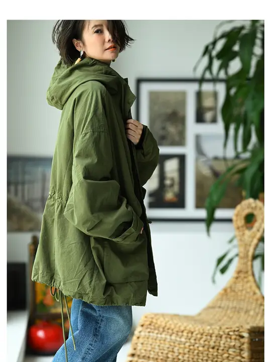 カジュアルコットンフード付きロングコート【ゆったりシルエット・大きなポケット】