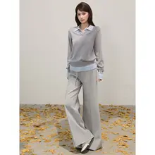 バイカラーデザインの襟付き長袖ニットトップス【秋用・カジュアル・韓国風】（セットアップ対応）