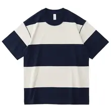 260G重厚ストライプ半袖Tシャツ【メンズ・カラーブロック・コットン・ラウンドネック・ゆったりフィット】