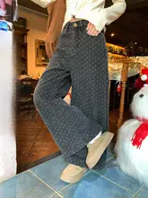 高腰ドットハート柄デザインの加绒デニムパンツ【レディース・秋冬用】（セットアップ対応）