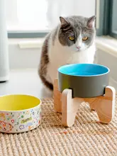 ペット用陶器製猫用フードボウルスタンド【木製・高台仕様・安定性抜群】