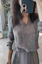 真丝の切替デザインシャツ【刺繍入り・ストレートパンツ付き】（セットアップ対応）