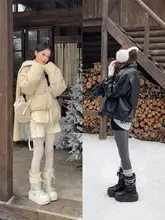 厚底加絨の防水中筒ブーツ【冬用・暖かさ・女性用・かわいいデザイン】
