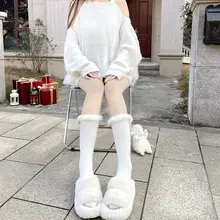 フェレットファー付きかわいい毛糸風レッグウォーマー【秋冬用・ポンポン・フリルデザイン】