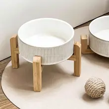 猫用食器 セラミック 木製スタンド ストライプ 首への負担軽減 転倒防止 フードボウル ウォーターボウル 食品グレード