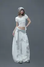 白色デザインパンツ【牛仔生地・貼布・破れ加工・ジャズスタイル・ダンス用】