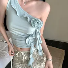 ロマンティックフラワーデザイン 斜め肩Tシャツ【女性用・ウエストシェイプ・フリル付き】