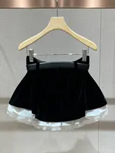 高腰花弁デザインベロアフレアスカート【ブラック・個性的なスタイル】（セットアップ対応）