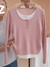 デザイン性のあるニットトップス【春用・ピンク・レイヤード風】