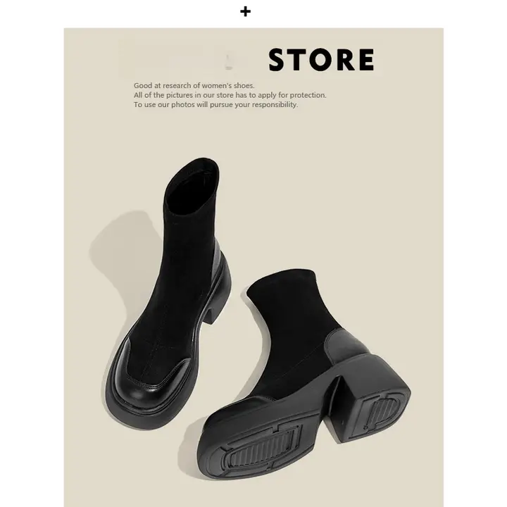 厚底ショートブーツ【粗いヒール・マーチンブーツ・女性用・高身長効果・エラスティックデザイン】