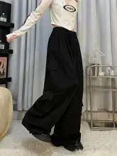 カジュアルな黒のワークパンツ【春用・フィット・ハイウエスト・ワイドレッグ】（セットアップ対応）