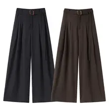 韓国風デザインの落ち感のあるワイドレッグパンツ【秋冬用・体型カバー・フィット】