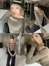 黒のフィット長袖トップス【肩出しデザイン・レース編み・秋用】