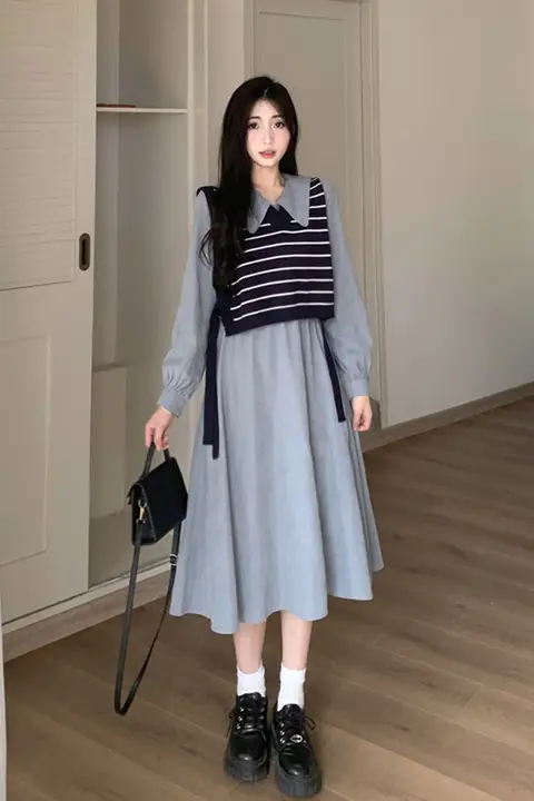 大きいサイズのストライプニットベスト付きドレス【春用・フレンチスタイル・シャツドレス・二部構成】（セットアップ対応）