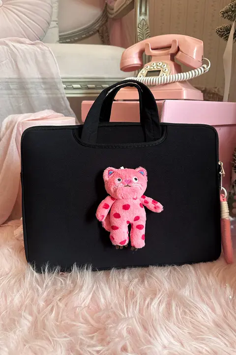 可愛いキャラクターのピンクドット猫デザインのノートパソコンバッグ【トート型・斜め掛け可能・通勤用】