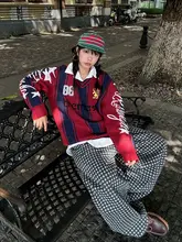 ストライプ柄 ニットセーター【カジュアル・刺繍デザイン・ユニセックス・フィット】（セットアップ対応）