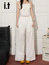 白色レース透かしデザイン ワイドレッグパンツ【九分丈・フィット・女性用】