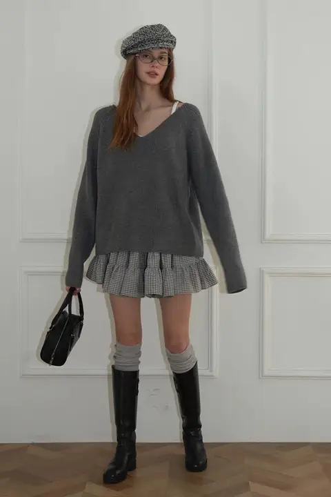 Deessesicile グレー小格子バレエスタイル フレアスカート【Aライン・甘美なデザイン】