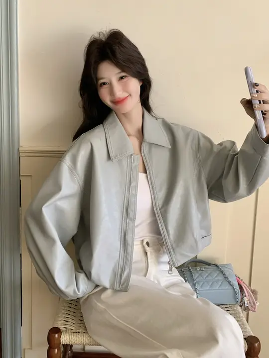 春用 レディース ショートレザージャケット【パステルブルー・翻领デザイン】
