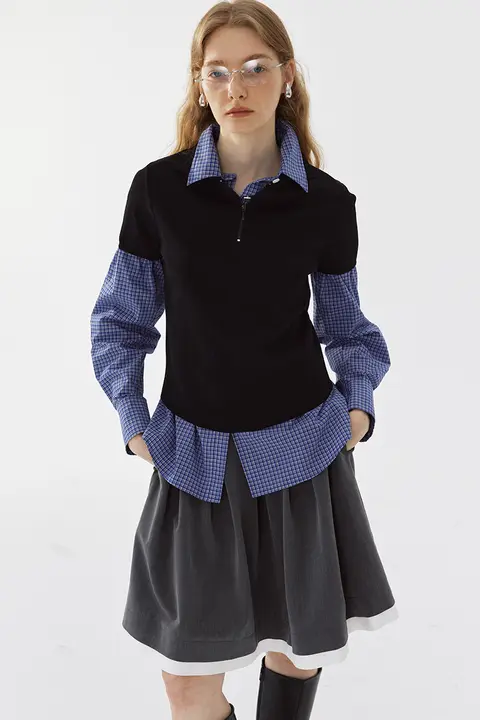 ジップデザインのニットポロシャツ【レディース・秋用・薄手・ブラック・タイトフィット】