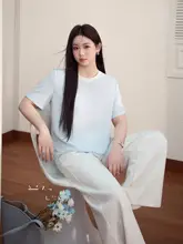 女性用 大きいサイズの短袖Tシャツ【柔らかくて優雅・シワ感・ブルー】（セットアップ対応）