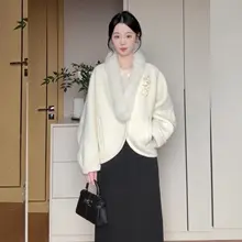 秋冬用の毛襟カーディガン【ゆったりシルエット・白のニット・フレアスカート付き】（セットアップ対応）