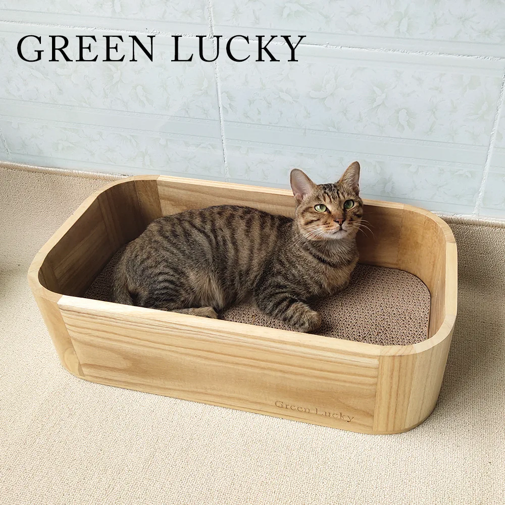 猫用オーバル段ボールキャットベッド：交換可能なスクラッチボードで多面使用可能な木製ベッド