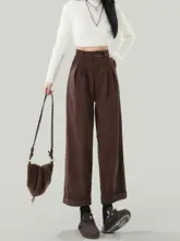 レトロなコーヒーカラーのライトコーデュロイワイドパンツ【春用・折り返しデザイン】