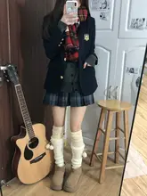 オリジナル深藍色チェック柄スカートのJK制服【秋冬用・ショートジャケット・重ね着スタイル】（セットアップ対応）